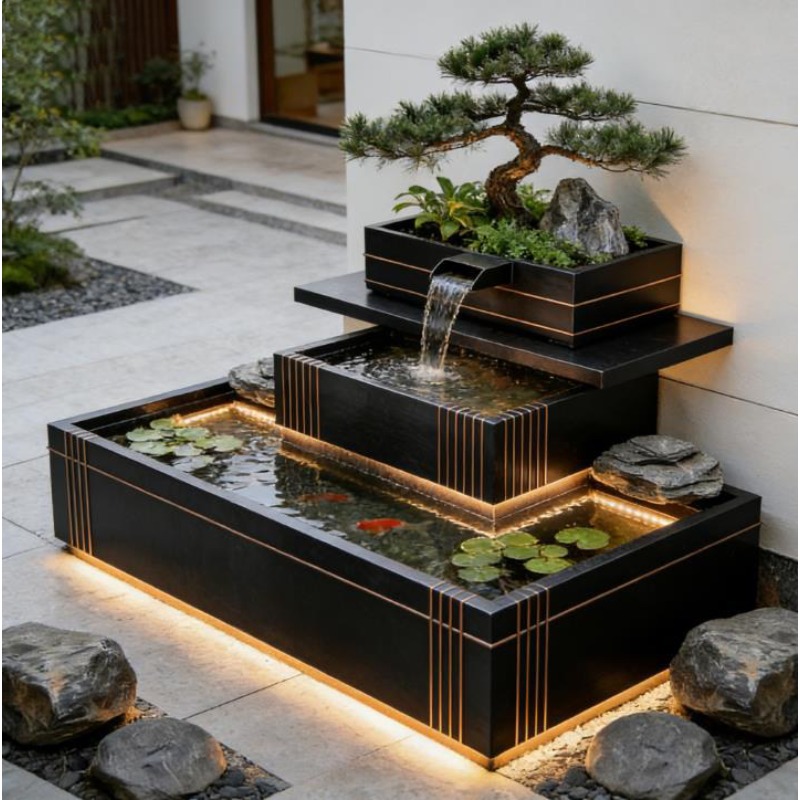Bonsai Garden With Koi Pond - Fontana a Cascata in Acciaio Inox